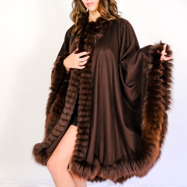 Vintage 70s Yves Saint Laurent Dark Brown Wool Cape w/ Fox Fur Trim | Made in France | 100% Genuine Fur & Wool | 1970s YSL Designer Cape 