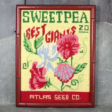 Vintage Framed Needlepoint | Sweet Pea Seed Packet Needlepoint | Bixley Shop 