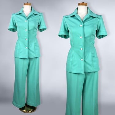 VINTAGE 70s Cyan Pantsuit Polyester Flared Cropped Pants & Tunic Set by Catalina Sz 12 | 1970s Two Piece Dagger Collar Leisure Suit | VFG 