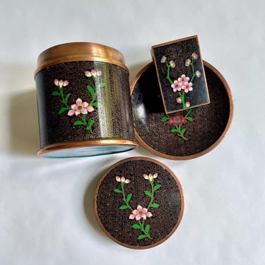 Antique 4-piece Cloisonne Enamel, Tabletop Smoking Set - Lidded Cigarette Holder Stash, Matchbox Cover, Ashtray Coaster - Asian Plum Blossom 