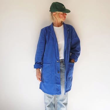 Vintage Blue Chore Duster Shop Work Coat | Utility Blue Cotton Chore Smock Jacket | Painter Shop Coat Trench 