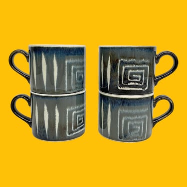 Vintage Mikasa Mugs Retro 1990s Contemporary + Potters Craft + Firesong + HP300 + Set of 4 + Ceramic + Blue/Gray + Kitchen + Made in Japan 