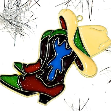 VINTAGE: 1980s - Retro Metal and Resin Boots and Hat Ornament - Faux Stain Glass - Light Sun Catchers - Gift - SKU 15-E2-00017353 