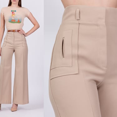 70s Tan High Waisted Flared Pants - Small, 26" | Vintage Bell Bottoms Retro Pocket Hippie Trousers 