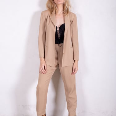 AS IS Vintage Emanuel Ungaro Micro Pleated Pants Suit in Nude Sandstone sz 4 36 Minimalist Neutral 