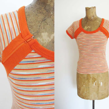 Vintage 70s Orange Stripe Womens T Shirt XS S - Scoop Neck  1970s Babydoll Fitted Shirt 