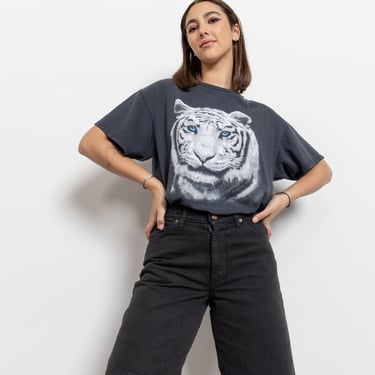 WHITE TIGER T-SHIRT vintage faded ripped graphic tee shirt black oversize short sleeves / Medium 