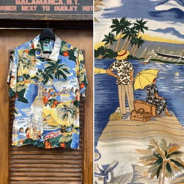 Vintage 1980’s “Reyn Spooner” Hula Girl Tropical Rayon Hawaiian Shirt, 80’s Tourist Print, 80’s Vintage Clothing 