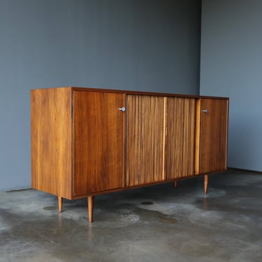 Milo Baughman Walnut Tambour Door Credenza for Glenn of California, c.1960