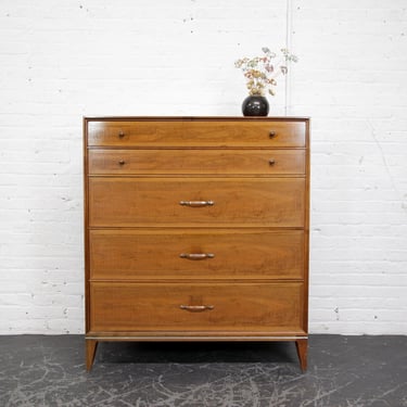 Vintage MCM tallboy high top walnut wood 5 drawer dresser by Longstrom Furniture | Free delivery only in NYC and Hudson Valley areas 