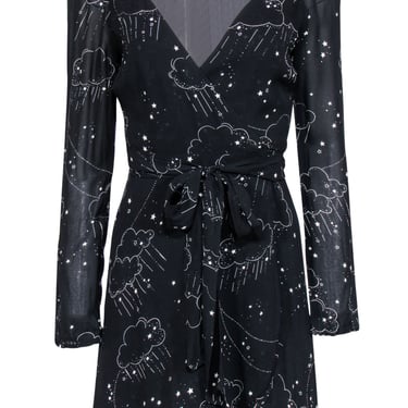 Reformation - Black Clouds & Stars Printed Mini Wrap Dress Sz S