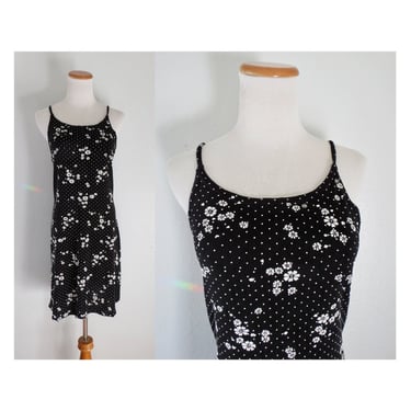 Vintage 90s Floral Dress - Black & White Slip Dress - Summer Sundress - Size Large 