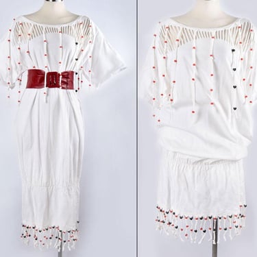 80's Fringe TSHIRT DRESS White Cotton 1980's Vintage Long & Shorter Beaded Hearts Hawaii 