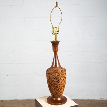 Mid Century Modern Table Lamp Solid Walnut Wood Cork 70s Round Light Lighting 2