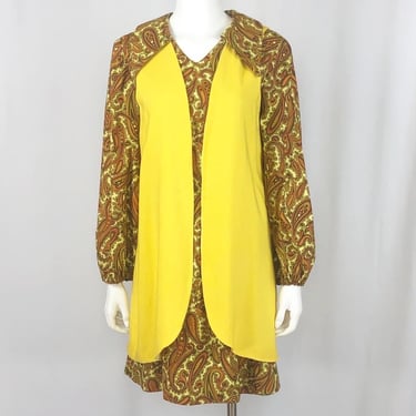 Vintage 1960s Brown Paisley Dress with Yellow Vest 