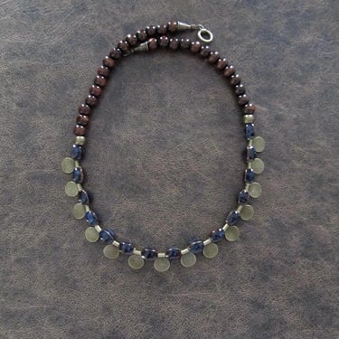 Ceramic and wooden beaded necklace, dark blue 