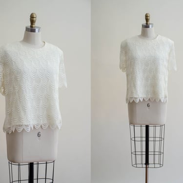 white lace bodice | 90s plus size vintage white scalloped lace cropped blouse 