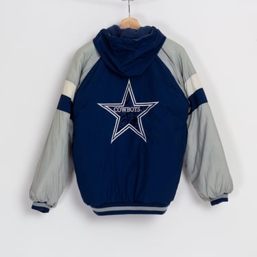 90s Dallas Cowboys Hooded Puffy Jacket - Men's Small, Women's Medium | Vintage NFL Football Zip Up Windbreaker Winter Coat 