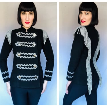 Rare OOAK Vintage Sgt. Pepper's Military Style Black Wool + Gray Fringed Double Breasted Jacket - size Small Medium 