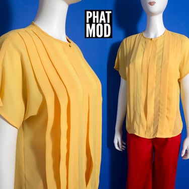 Sculptural Vintage 80s 90s Yellow Short Sleeve Blouse with Large Pleats 