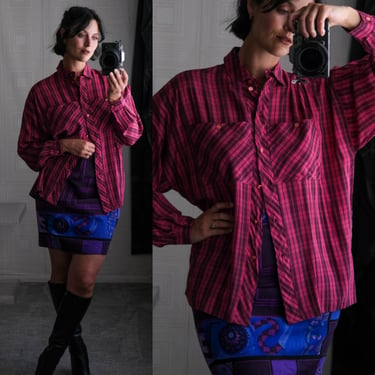 Vintage 80s L. ANTONELLI Fuchsia Plaid Silk Blend Button Up Blouse | Made in Italy | Boxy Fit | 1980s Italian Designer Boho Relaxed Silk Top 