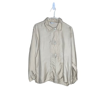 Vintage Anne Carson Mandarin Style Tan Silk Button Down Blouse Top, Size M 