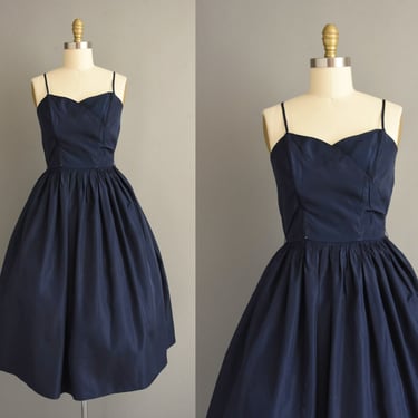 vintage 1950s dress | Gorgeous Fashion Frock Navy Blue Sweeping Full Skirt Party Dress | Small Medium | 50s dress 