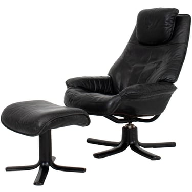 Danish Modern Black Leather Chair and Ottoman