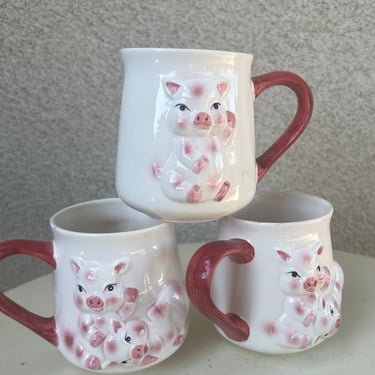 Vintage white pink ceramic 3D mugs pigs theme signed KMC 