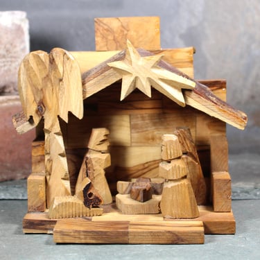 Vintage Wooden, Hand-Carved Nativity Scene | Beautiful Wooden Manger with Baby Jesus, Mary, Joseph & Wiseman | Circa 1970s | Bixley Shop 