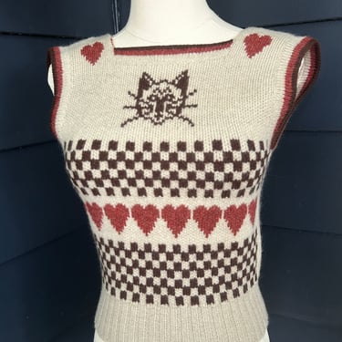 1970s Handknit Cat Face Sweater Vest 32 Bust Vintage 