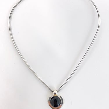 Vintage Sterling Silver Wire Collar Necklace w/ Black Onyx Pendant Marked 925 