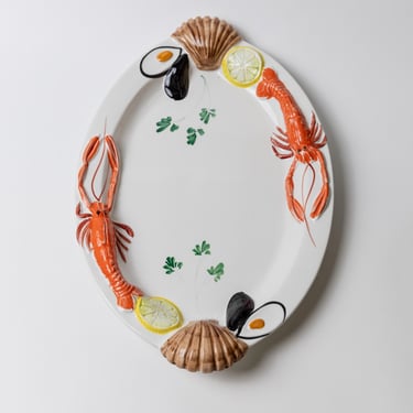 XL Oval Vintage Ceramic Seafood Plate - White with Relief of Seafood - Design by Siro Italy 1980s - Stylish Table Decoration, Gift Idea 