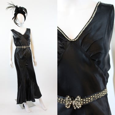1930s liquid silk and rhinestone dress xs | bias cut butterfly belt gown | new in 