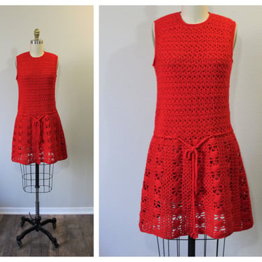 Vintage 1960s Red Hand Crocheted Wool Knit Drop Waist Scooter Dress Mini  // Modern Size US 0 2 4 xs s 