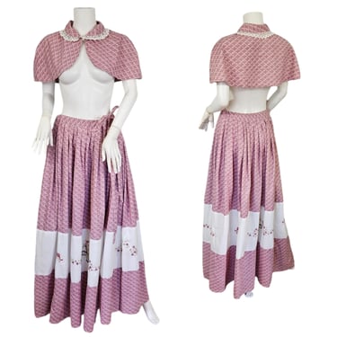 1970's Embroidered Pink White Cotton Maxi Peasant Skirt Matching Caplet I Sz Med I Prairie Dress Set 