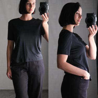 Vintage Real Clothes by Saks Fifth Avenue Black Silk Boxy Crop Tee Shirt | 100% Silk | 1990s Y2K Designer Silk Womens Cropped T-Shirt 