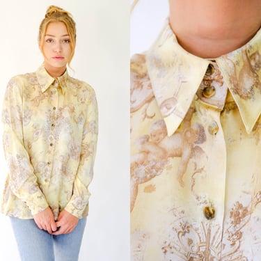 Vintage ESCADA Champagne Gold Cherub Print Silk Long Sleeve Blouse w/ Marble Logo Buttons | 100% Silk | Y2K 2000s Escada Designer Silk Top 