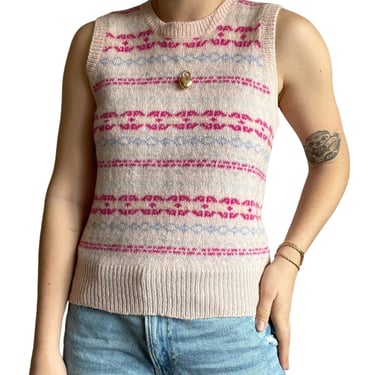 Vintage 80s Womens Hand Knit Pink Eagles Eye 100% Wool Preppy Sweater Vest Sz S 