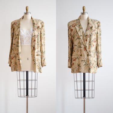 beige linen jacket 90s vintage Liz Claiborne cottagecore floral blazer 