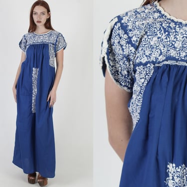 Royal Blue Oaxacan Maxi Dress / All White Hand Embroidery / Vintage 70s Mexican Vestido Dress / Dia De Los Muertos Fiesta Cotton Dress 