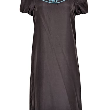 Tory Burch - Black Silk Shift Dress w/ Turquoise Embroidery Sz 4