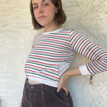1970s white red and green striped velour “tweens” pull over sweater, XS 