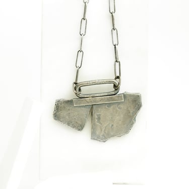 Sterling Silver Plated Copper Hand Sculpted Brutalist Split Slab Pendant Necklace