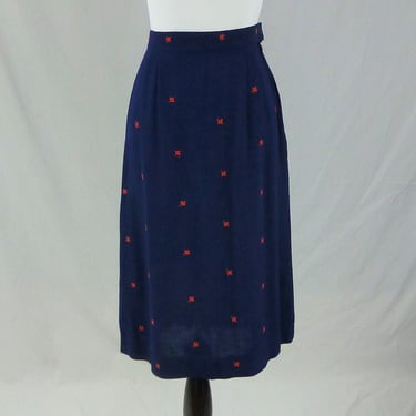 50s Navy Blue Skirt - 24" waist - Embroidered Red Leaves - Red Embroidery - Vintage 1950s Skirt - XS 