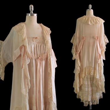1920s Lingerie / Silk Peignoir Two Piece Robe and Slip Gown Set / Trousseau Dress / Bridal 