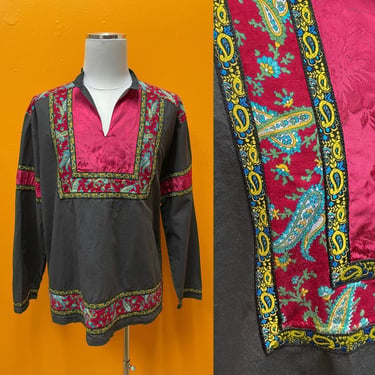 1970s Black & Red Traditional Style Gypsy Boho Garb w Paisley Print, Bib, Split Neck XL | Vintage, Costume, Halloween, Hippie, Men's Wear 