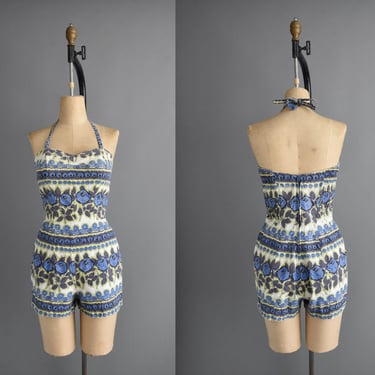 vintage 1950s dress | Kerry Brooke Sea Stars Blue Floral Print Cotton Romper Swimsuit | Medium | 50s dress 