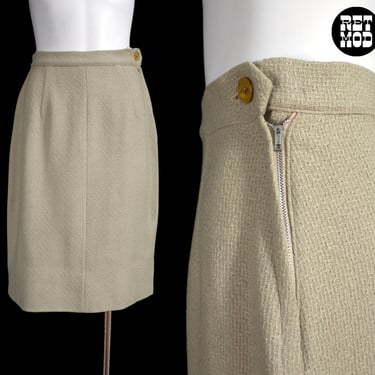 Simple Chic Vintage 60s Khaki Colored Woven Pencil Skirt 