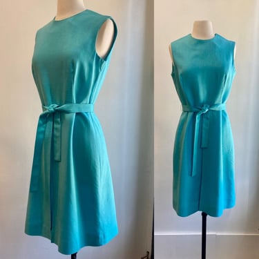 Vintage 60s MOD Dress / Sky Blue LINEN / Preppy Shift Dress + Sash Tie Belt / Fitted + A-line Skirt / Minimalist / I. Magnin 